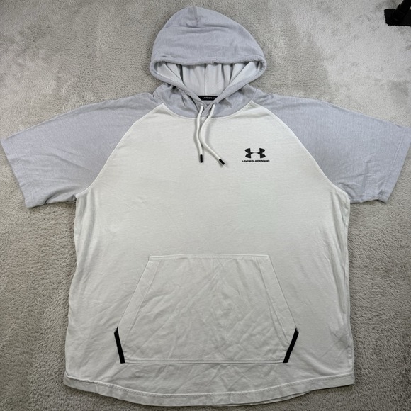 Under Armour Hoodie Mens 2XL White Grey Loose Short Sleeve Active Gym Heatgear - Picture 1 of 7